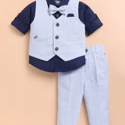 LITTLE COLLARS Cotton Full Sleeves Striped 3 Piece Party Suit Set With Bow - Blue-image-43
