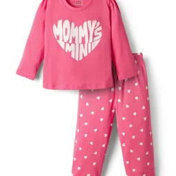 Babyhug Cotton Knit Full Sleeves Night Suit with Mommy's Mini & Heart Print - Pink-picture-10