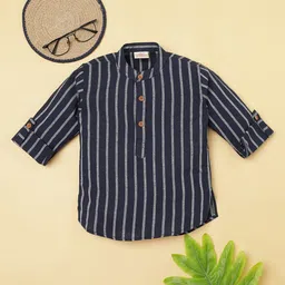 Rikidoos Cotton Woven Full Sleeves Striped Kurta Style Shirt - Navy Blue-image-74