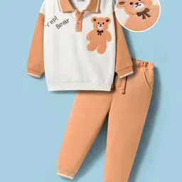 Mark & Mia Fleece Knit Full Sleeves Oversize Winter Wear Polo T-Shirt & Joggers Set with Bear Applique Print Collar & Tipping Rib Detailing - Peach & White-picture-15