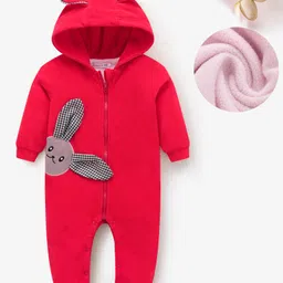 Mark & Mia Winter Wear Full Sleeves Hooded Romper With Bunny Applique - Red-picture-16