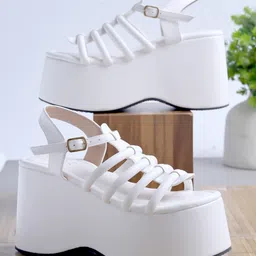 Shoetopia Solid Closure Buckle Gladiator Platforms - White-picture-27