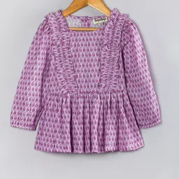 Hugsntugs Cotton Woven Full Sleeves Motif Printed Frill Detailed Top - Purple-picture-37