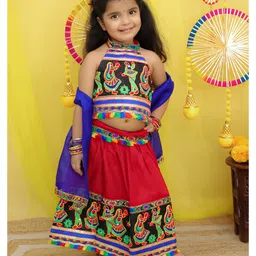 BownBee Pure Cotton Navratri Theme Sleeveless Kutch Embroidered & Mirror Work Embellished Chaniya Choli With Dupatta Set - Red-picture-23