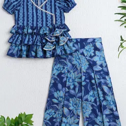 The Magic Wand Cotton Woven Half Puffed Sleeves Floral Printed Top & Coordinating Palazzo Set - Blue image 1