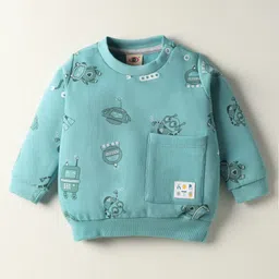 Zero Interlock Knit Full Sleeves Co-Ord Night Suit with Space Ship Print - Turquoise image 2