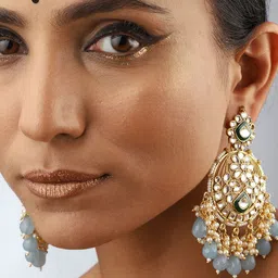 PATOLA BY VJ Gold Plated Stones Studded & Beaded Contemporary Shaped Drop Earrings image 5