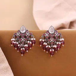 Fida Silver-Plated Kundan Studded Teardrop Shaped Drop Earrings-picture-36