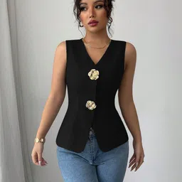 Outzidr Women Solid V-Neck Sleeveless Stylized Woven Waist Coat-image-75