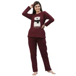 Sweet Dreams Women Applique Polar Fleece Round Neck Full Sleeve Winter Nightsuit-Wine-image-34