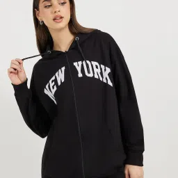 Styli Black Cotton Printed Hoodie image 1