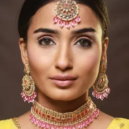 Aatmana Gold-Plated Pink & White Kundan Studded & Pearl Beaded Necklace Set image 2