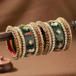 Aatmana Gold-Plated White Stone-Studded & Beaded Green Chuda Bangles - Set of 18 image 2
