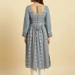 W Blue Printed Fit and Flare Kurta image 2