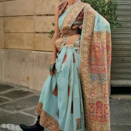 Odette Blue Modal Woven Saree With Unstitched Blouse image 1