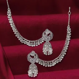 PRIVIU Silver-Plated Dome Shaped Oxidised Jhumkas With Chain-image-8