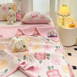 JC HOME Set Of 3 Pink & Green Floral Printed 162 TC Single Bed & Pillow Covers image 5