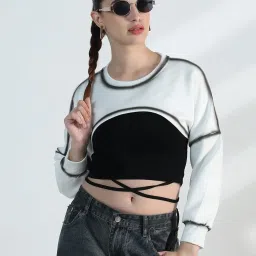 SHOWOFFFF White Cotton Relaxed Fit Crop Top With Inner Tank Top image 2