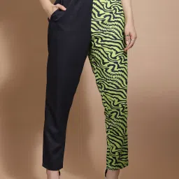 KASSUALLY Green & Navy Printed Regular Fit Mid Rise Trousers image 1