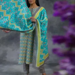 Libas Grey Cotton Printed Kurta Pant Set With Dupatta-image-81