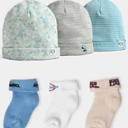 MiArcus Baby New Born Essentials Gift Set Hamper Including Caps & Socks Pack of 3 image 1