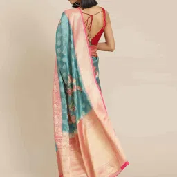 Silk Land Teal Blue Silk Floral Print Saree With Unstitched Blouse image 2