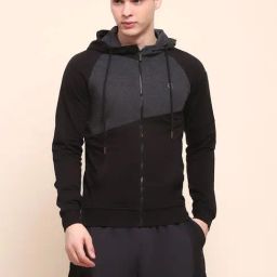 Camla Black Cotton Regular Fit Colour Block Hooded Sweatshirt-picture-14