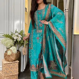 Aaghnya Ethnic Motifs Printed Round Neck Straight Kurta With Trousers & Dupatta-picture-38