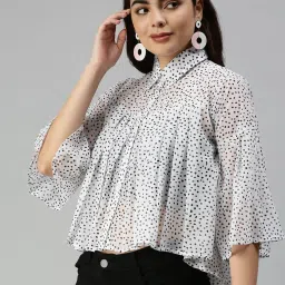 showoffff SHOWOFF Three-Quarter Sleeves Shirt Collar White Polka Dots Top image 2