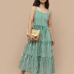 Colour Me by Melange Green & White Cotton Striped A-Line Dress-image-32