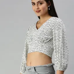 showoffff SHOWOFF Three-Quarter Sleeves V-Neck White Typography Crop Top image 2