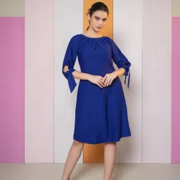 PURVAJA Navy Blue Solid Three-Quarter A-Line Dress image 1