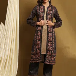 Biba Black Polyester Printed Full Sleeves Kurta Pants & Jacket Set image 1