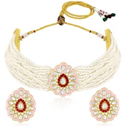 Peora White & Pink Kundan Beads Studded Choker Necklace & Earrings Set image 1