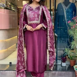 Black Scissor Purple Embellished 3/4th sleeve Kurta Sets image 1