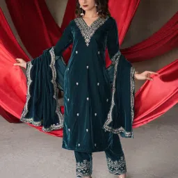 Libas Teal Blue Velvet Embroidered Kurta Sets image 1