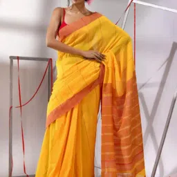 CHARUKRITI Munsell Yellow Cotton Striped Saree With Unstitched Blouse-picture-41