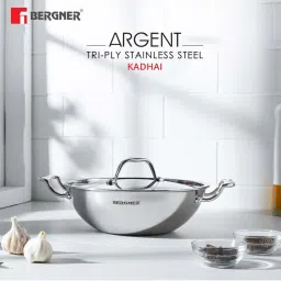 Bergner Triply Silver Stainless Steel Induction Base Kadai 22 cm diameter with Lid - Set of 1 image 2