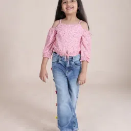 Kiddopanti Girls Pink Three Fourth Sleeves Strappy Cold Shoulder Printed Crop Top image 4