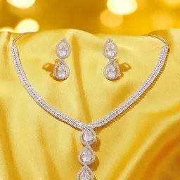 Zaveri Pearls Silver Dazzling Diamonds Contemporary Necklace & Earring Set-image-49