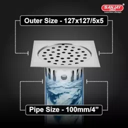 Sanjay Chilly Square Floor Drainer with Cockroach Trap Silver 127 x 127 mm, SCCT-S-127 image 2