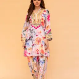 House of Kari Saba Chikankari Kurta Set in Muslin Silk - Floral creme-image-1