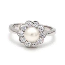 ornate jewels 925 Silver Freshwater Pearl and American Diamond Flower Ring for Women & Girls image 2