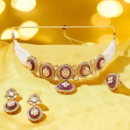 Zaveri Pearls Purple Stones Austrian Diamonds Multistrand Necklace, Earring & Ring Set-picture-18