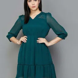Code by Lifestyle Teal Green Self Pattern A-Line Dress-image-54