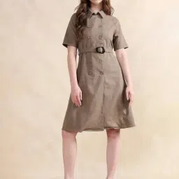 RAREISM Beige Cotton Blend Solid Short Sleeves Dress-picture-39