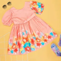 Pantaloons Junior Peach & Blue Cotton Floral Print Dress-picture-24
