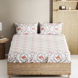 Bianca Palladium White & Orange Cotton Floral 144 TC King Flat Bedsheet with 2 Pillow Covers-picture-34