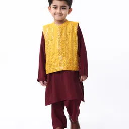 Babyhug Woven Full Sleeves Solid Kurta Pyjama Set with Sequin Embroidered Jacket - Maroon-picture-19