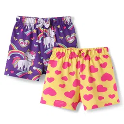 Babyhug Single Jersey Knit Mid Thigh Length Shorts with Unicorn & Hearts Print Pack of 2 - Yellow & Purple-picture-16